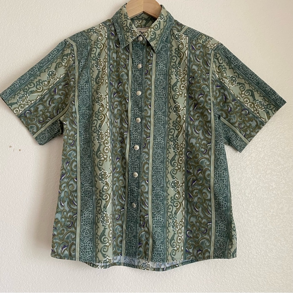 Vintage Wrangler Western Wear for Women short sleeve button down, blue/green, M